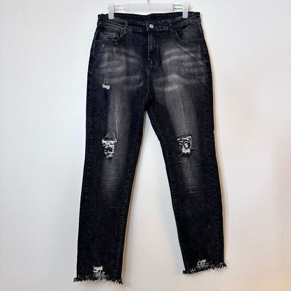 H&M Mid Rise Ripped Streetwear Straight Leg Tapered Jeans Black Large - Picture 1 of 2